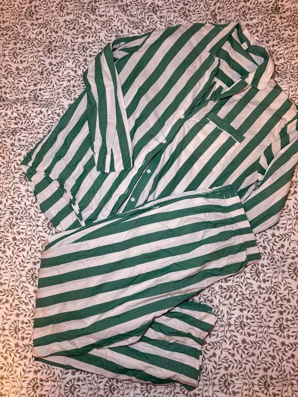 Old Navy Green and White Striped Long Sleeve Button-Down Pajama Set L Tall